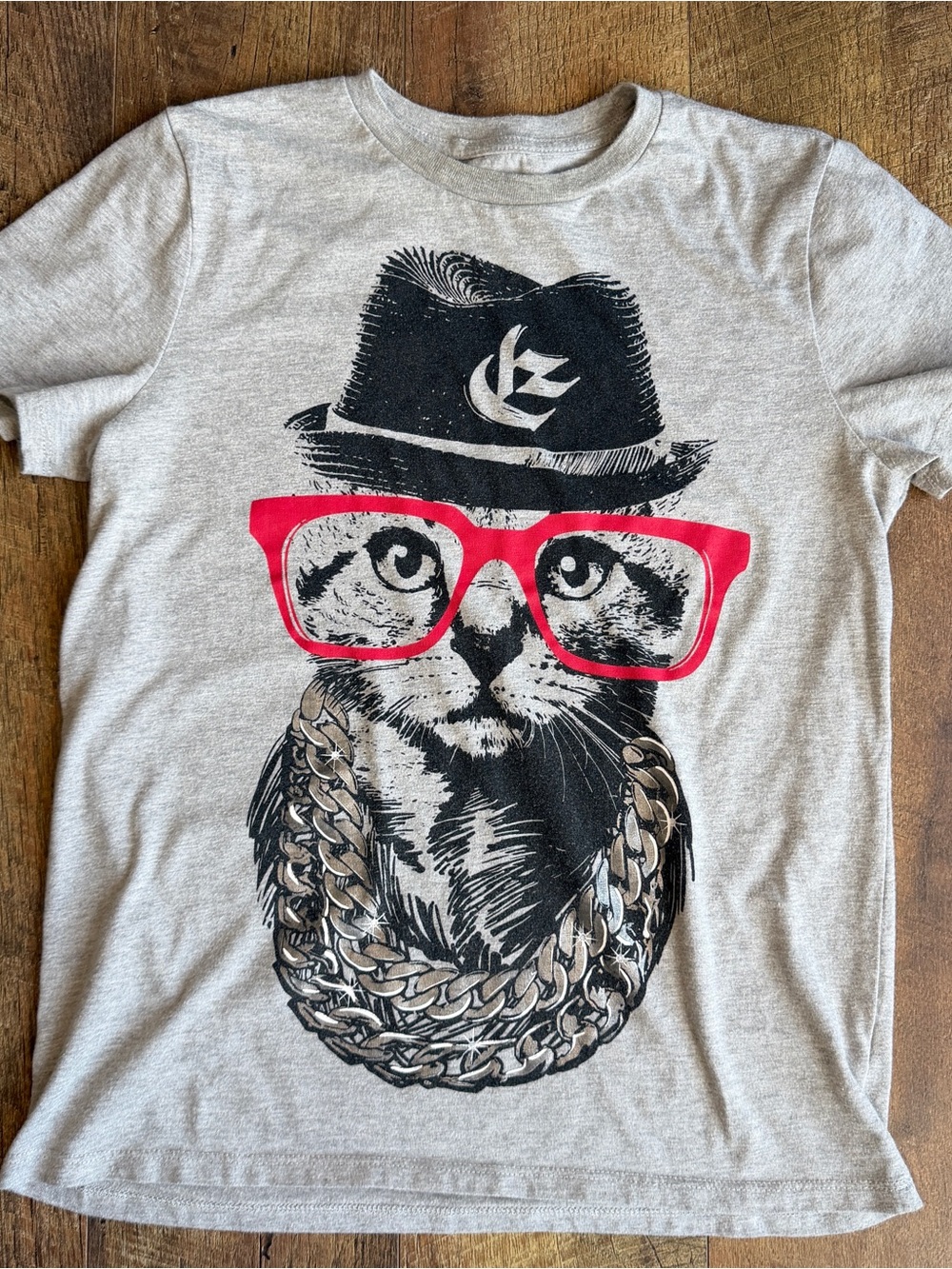 Epic Threads Youths Crew Neck Short Sleeve Cat Necklace Hat Gray Large